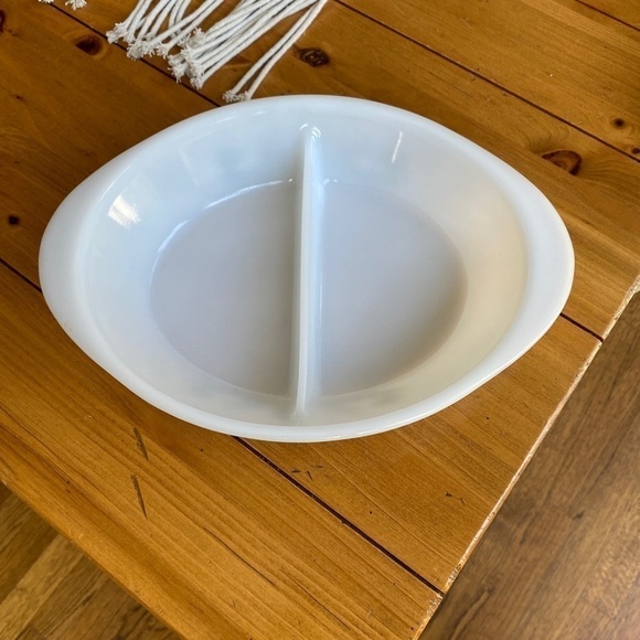 Vintage Glasbake Green Crazy Daisy Milk Glass Divided Oval Casserole Dish #J2352 - Picture 6 of 11